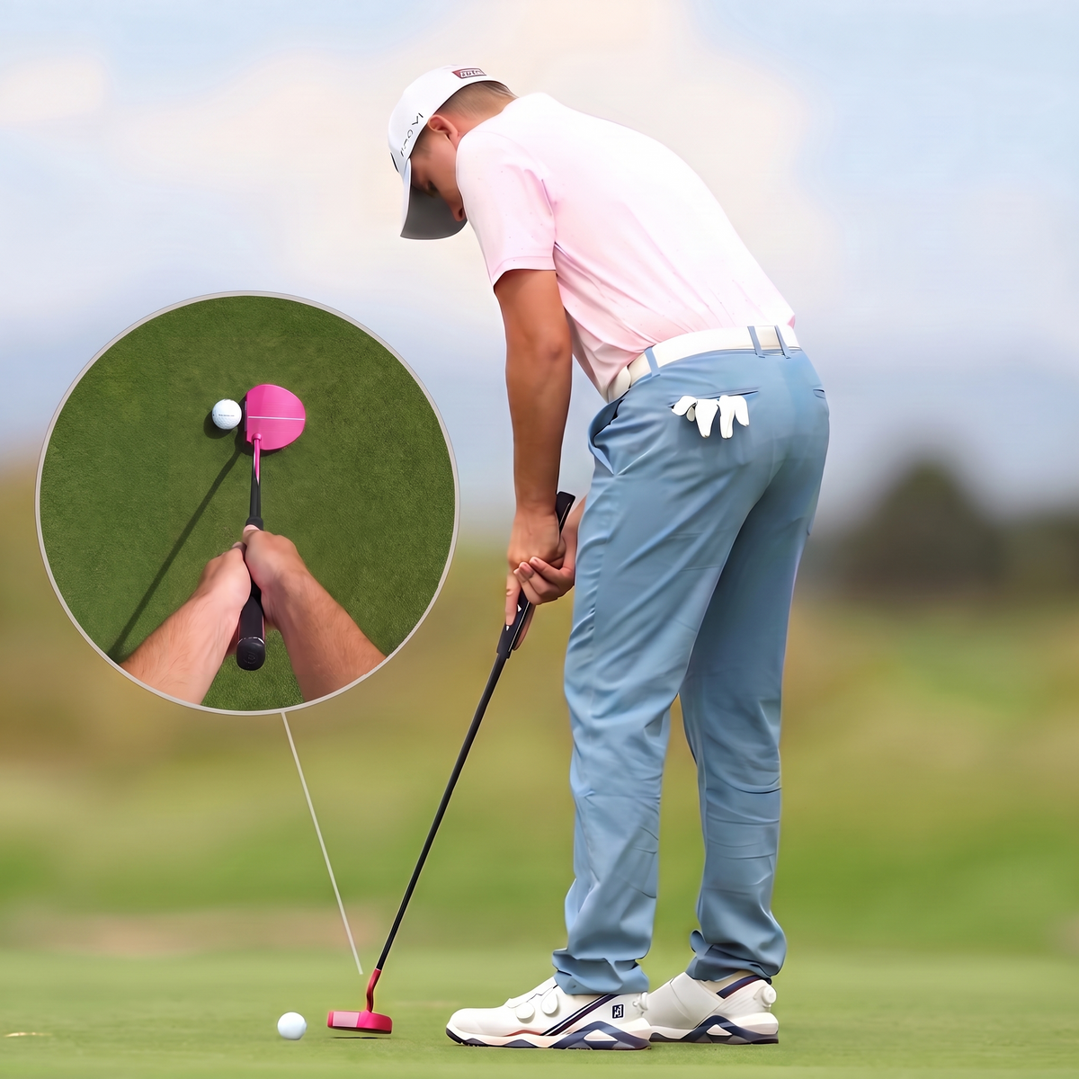 Golfer at address with a pink putter, with an inset first-person view on the putting green